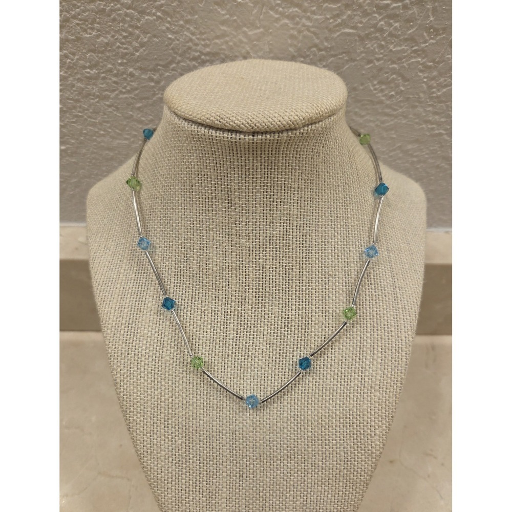 Vintage Sterling Silver, Blue & Green Rhinestone Rod Strand Necklace 16.5 Inches